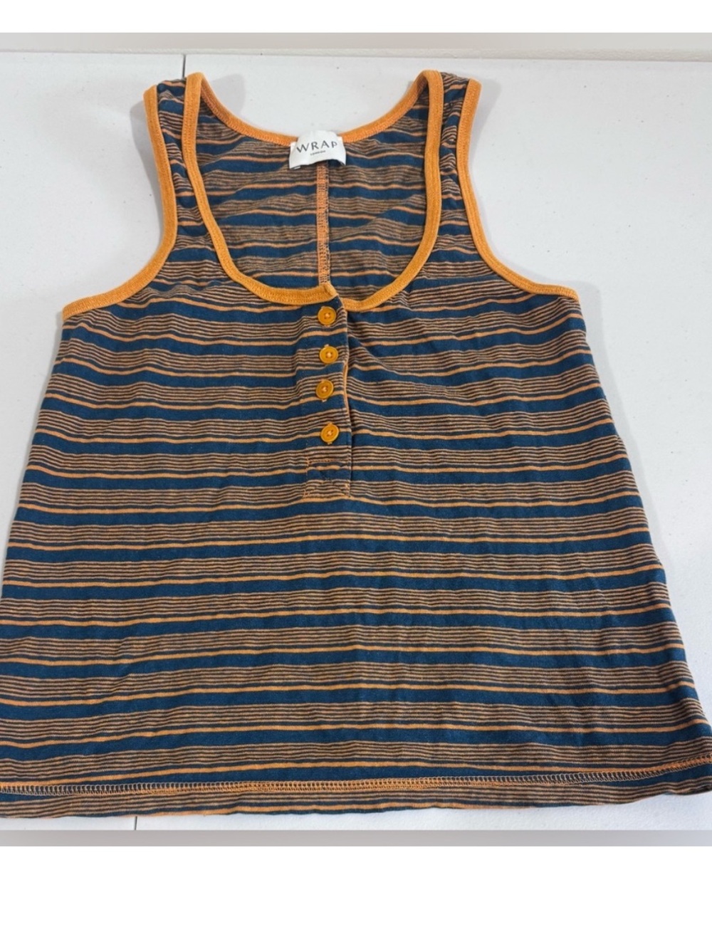Wrap London Navy & Mustard Striped Tank with Button Placket